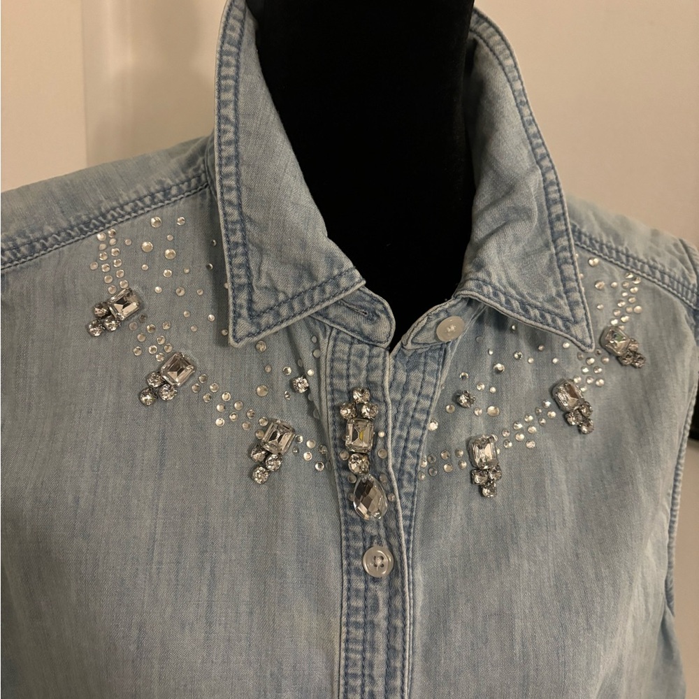 Chico's Button Front Chambray Crystal-Studded Sle… - image 2
